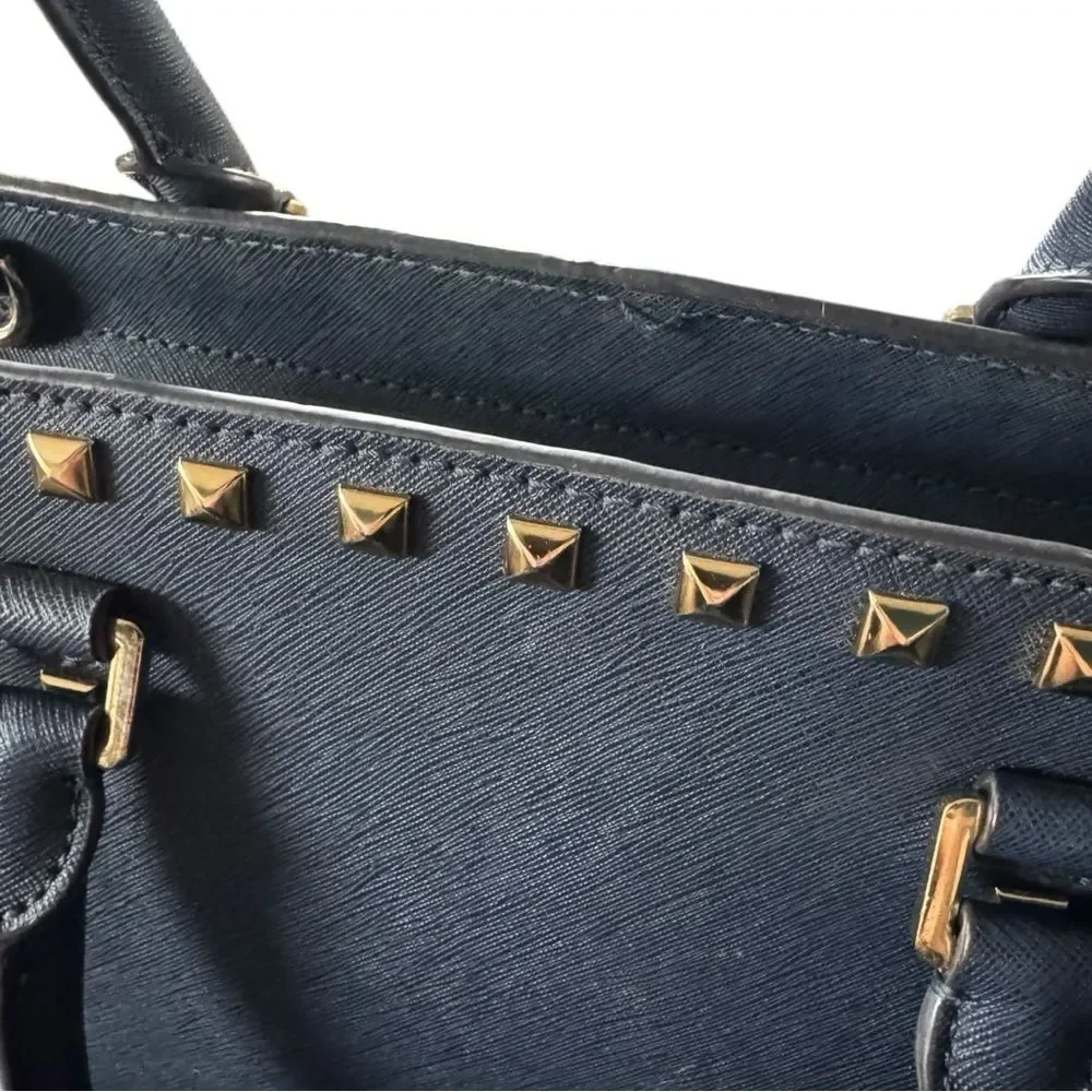 Michael Kors Medium TZ SELMA STUD Satchel Bag NAVY Blue Saffiano Leather